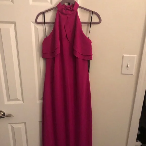 NWT BEBE Pink Gown | DOUBLE RUFFLE HALTER NECK GOWN - Picture 5 of 8